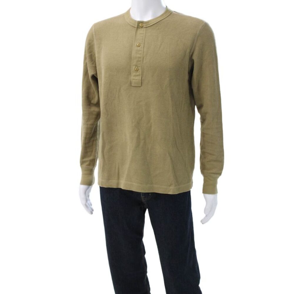 Buck Mason Mens Long Sleeve Henley Basic T-Shirt Green Cotton Size M